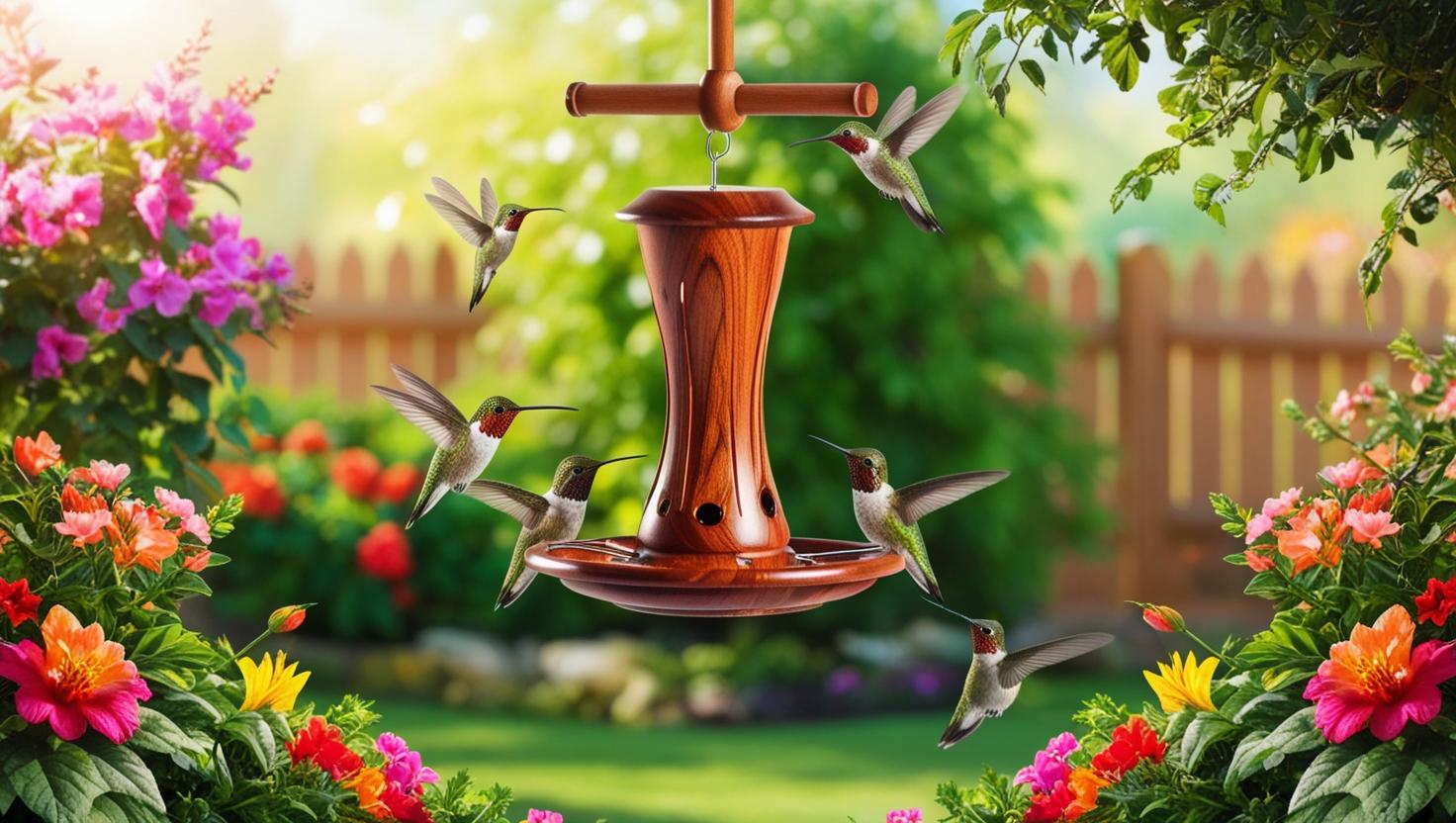Wooden Hummingbird Feeder, hanging outdoors in the garden