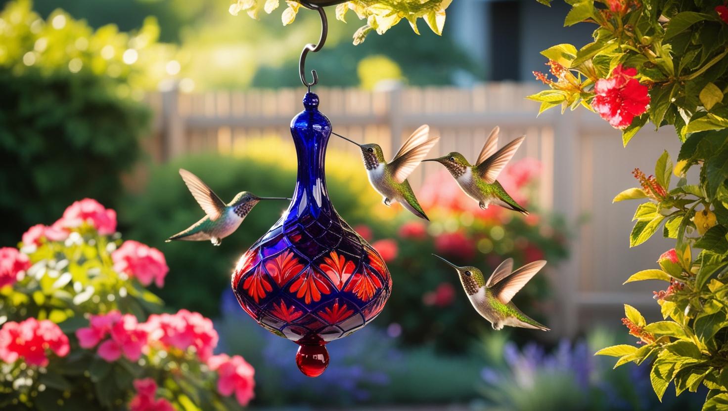 decorative hummingbird feeder, hanging outdoors in a lush garden