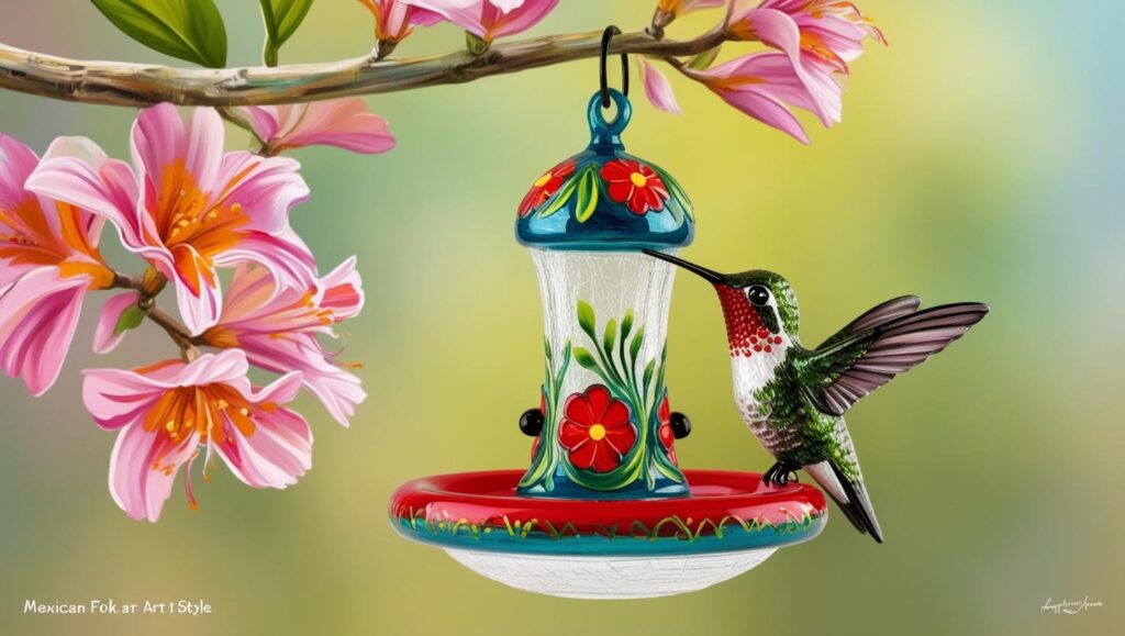 Hand Painted Glass Hummingbird Feeder Hanging from a Tree, outdoors