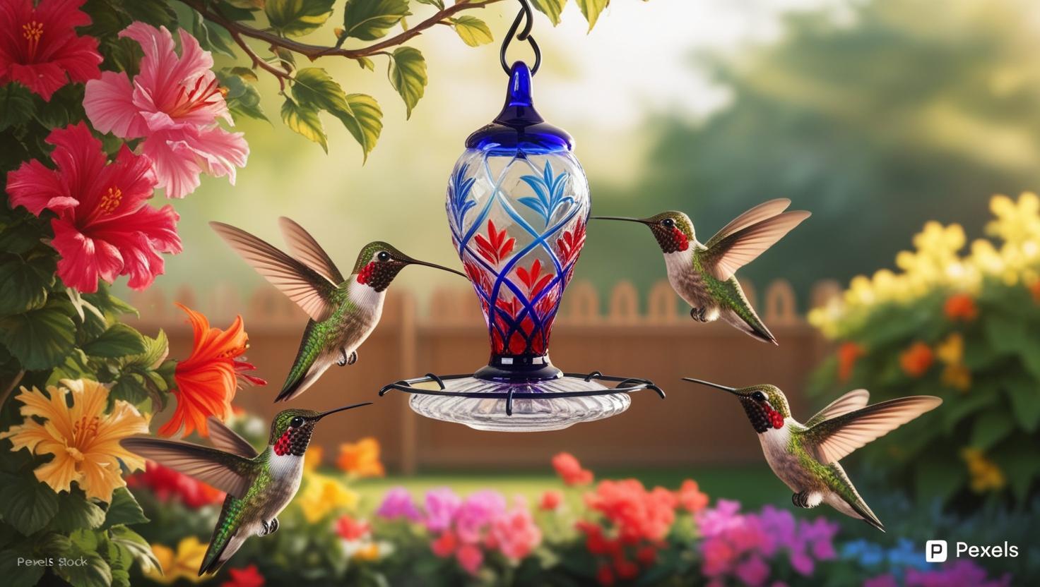 Hand Blown Glass Hummingbird Feeder hanging outdoors in a lush colourful garden