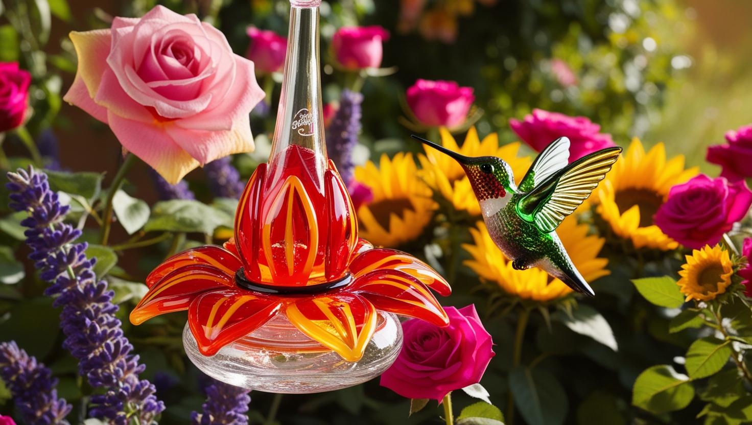 Vibrant Glass Hummingbird Feeder in a garden